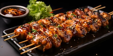 Savory and Sweet Seasoned Grilled Chicken Skewers. Concept Grilled Chicken Skewers, Seasoned Flavors, Savory & Sweet, Delicious BBQ Dish