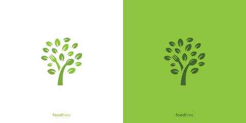 Food Tree Logo Designs. Fork, Spoon, and Tree with Minimalist Style. Healthy Food Logo, Icon, Symbol, Vector, Design Template.