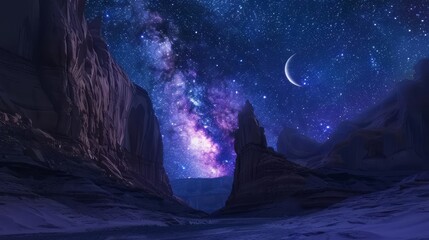 majestic desert canyon under starry night sky with crescent moon surreal landscape digital painting