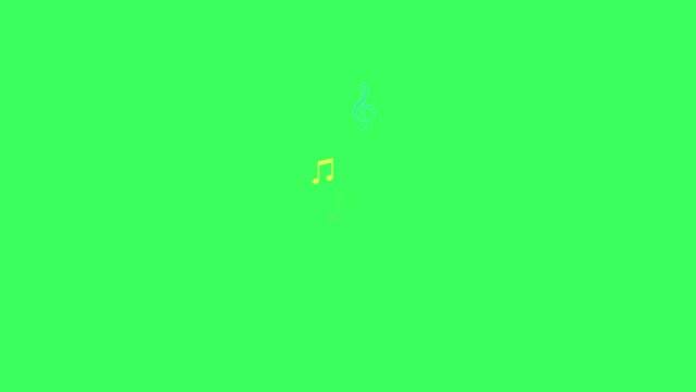 Looping animated multicolored notes fly from bottom to top, against green background. A colorfull wave of flying notes. perfect for music, song, melody. Isolated music notes, icons. Royalty free.