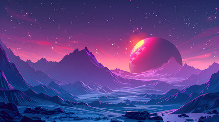 Fototapeta premium A vivid, futuristic landscape featuring a stunning planet rising over rugged mountain peaks, under a mesmerizing star-filled sky.