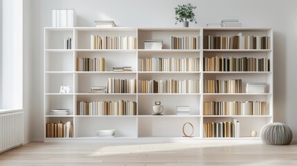 Modern minimalist bookshelf in a bright room, filled with neutral-colored books, decor, and plants, offering a clean and organized look.