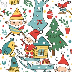 Santa Claus and an elf building a birdhouse for winter birds, with tools and paint, in a charming and creative kindergarten line drawing. Minimal pattern banner wallpaper, simple background, Seamless,