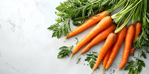 Carrot leaves from above with white background and space for text. Concept Food Photography, Vegetable Art, Fresh Produce, Minimalist Design, Blank Space for Text