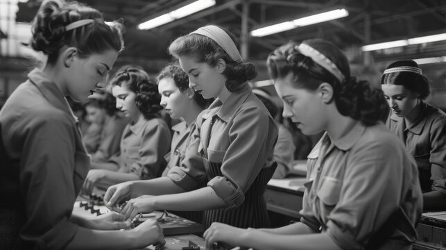 A group of women in 1940s fashion working together in a wartime factory