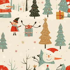 Santa Claus and an elf decorating a giant snowman with a top hat and scarf, surrounded by snowy trees, depicted in an imaginative children's drawing. Minimal pattern banner wallpaper, simple