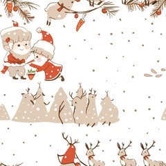 Fototapeta premium Santa Claus and an elf feeding carrots to a group of reindeer, with snow gently falling around them, in an adorable and simple children's line drawing. Minimal pattern banner wallpaper, simple