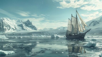 Obraz premium majestic sailboat navigating through icy waters with distant icebergs adventurous voyage landscape