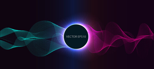 Music poster for electronic with dotted lines and waves. Abstract amplitude of sound. Vector Illustration.