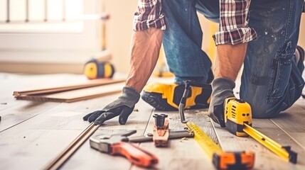 Skilled man meticulously installing laminate floor boards with precision and care