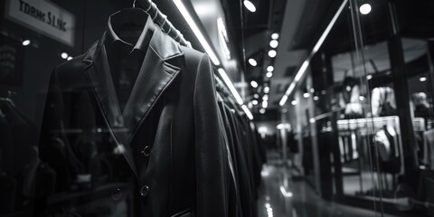 A single black suit hangs from a hanger in a black and white photograph