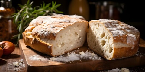 Characteristics of Italian Ciabatta Bread Irregular Shape, Open Crumb, and Chewy Texture. Concept Bread Shapes, Ciabatta Texture, Open Crumb Structure, Italian Baking Tradition