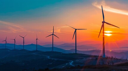Obraz premium majestic windmill silhouette at sunset renewable energy farm landscape