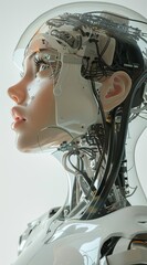 A female humanoid robot with a transparent head, visible internal mechanical parts and wires, in the cyberpunk style