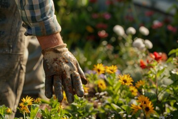 The close-up of the farmer’s dirt-covered hands contrasted beautifully with the vibrant flowers in his garden