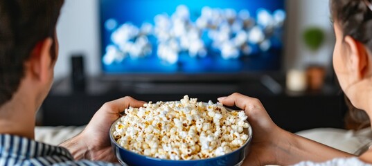 Couple relaxing and enjoying snacks in front of a large screen television at home