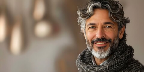 Man in his middle age with gray hair and beard smiling peacefully in a sweater. Concept Portrait, Middle Age, Gray Hair, Beard, Peaceful Smile, Sweater