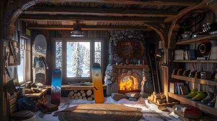 Naklejka premium Winter Wonderland Professional Snowboarder's Cozy Cabin with Business Cards Snowboards and Fireplace
