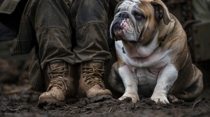A loyal English Bulldog sitting sitting on the ground next to its owner
