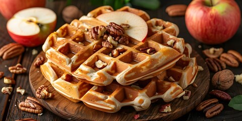 Delicious Homemade Waffles Topped with Apples, Nuts, and Oatmeal on Wood. Concept Breakfast Photography, Food Styling, Tasty Dessert, Fresh Ingredients, Rustic Presentation