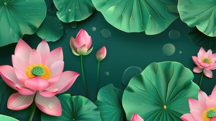 Close-up shot of pink lotus flowers with green leaves, perfect for nature, floral or botanical themes