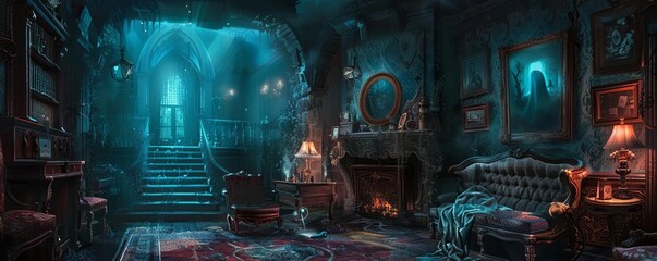 Haunted Victorian living room with eerie blue lights, antique furniture, cobwebs, and haunted paintings creating a spooky ambiance.