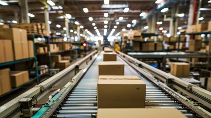 Fototapeta premium A packaging factory assembly line with cardboard boxes on a conveyor belt.