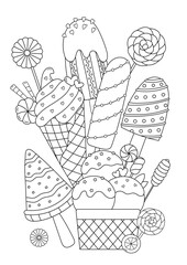 Coloring Page - A Set Of Illustrations With Beautifully Decorated Ice Cream, Is An Adult Anti-Stress Coloring Activity