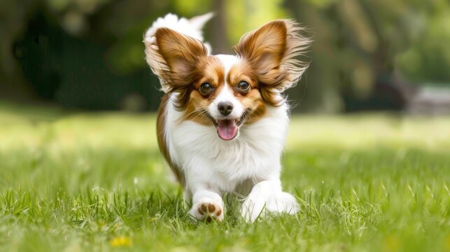 A happy Papillon enjoying a walk in the park with large, floppy ears running