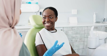 Happy woman, dentist and patient with consultation for teeth cleaning, treatment or dental care at...