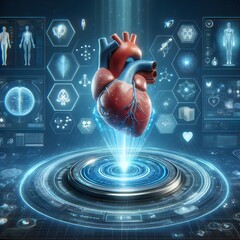 Digital representation of a human heart with medical holographic interface on a futuristic background. Cardiovascular system and healthcare technology concept. Design for poster, banner, print.