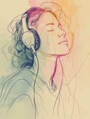 Woman Enjoying Music with Headphones in Watercolor Illustration