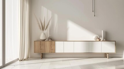 minimalist white living room with wooden sideboard modern interior design 3d rendering