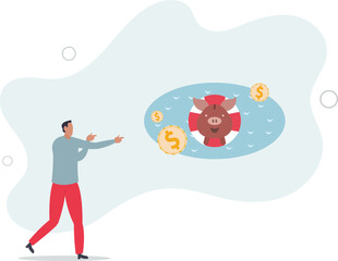 hopeless pink piggy bank floating on lifebuoy in ocean.flat vector illustration.