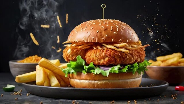 Fresh crispy fried chicken burger sandwich with flying ingredients and spices hot ready to serve and eat food,4k digital video created with generative ai.  