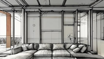 Home architecture interior project building or renovation refurbishment and restoration contractor service, mixed realistic and structural frames, 4k digital video created with generative ai.  