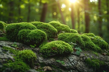Moss-covered rocks in a serene woodland, showcasing natural textures. 