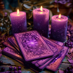 Tarot cards with candle light purple colors. fortuneteller reads fortunes by tarot cards and candles on the background