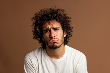 diverse guy looking disappointed  with curly hair in white t shirt posing on brown wall minimal background with copy space with emotional facial expression