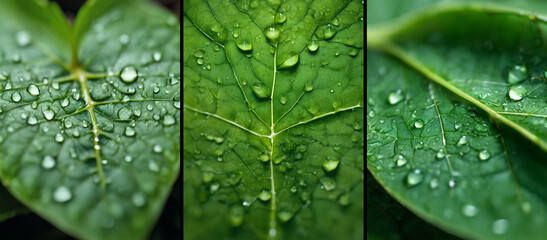 Fresh green leaves with water drops close up macro photos vertical backgrounds set - Powered by Adobe