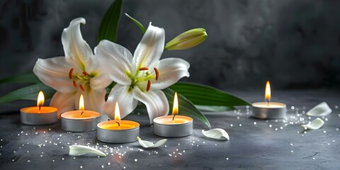 Elegant Funeral Banner Design Featuring Candles, Lilies, and a Subdued Grey Background. Concept Funeral Banner Design, Candles, Lilies, Elegant, Grey Background