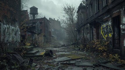 Fototapeta premium Neglected Urban Landscape: Abandoned Streets with Decaying Buildings, Graffiti, and Overgrown Weeds under Gloomy Sky