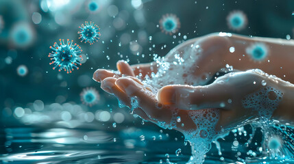 Coronavirus pandemic prevention wash hands with soap warm water and , rubbing nails and fingers washing frequently or using hand sanitizer gel