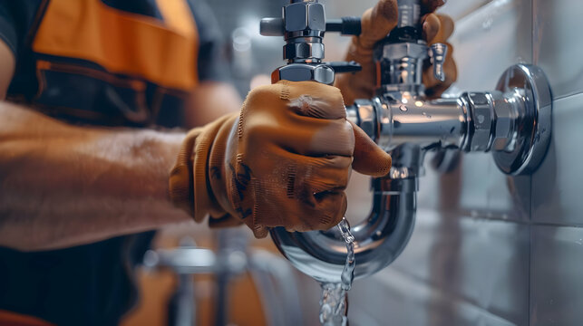 closeup plumber at work in a bathroom, plumbing repair service, assemble and install concept