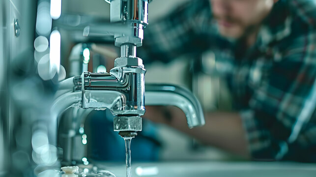 closeup plumber at work in a bathroom, plumbing repair service, assemble and install concept