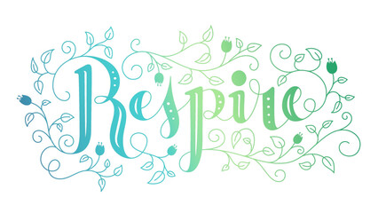 RESPIRE (BREATHE in French) ornate vector hand lettering on white background in blue to green gradient