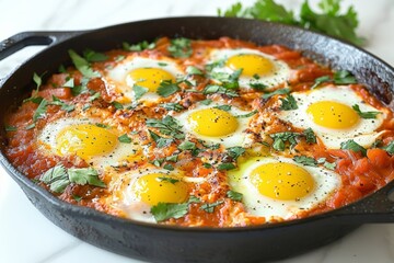 Shakshuka with eggs, tomatoes, and herbs, served in a skillet, capturing a hearty and rustic breakfast or brunch dish