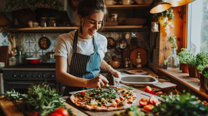 Obraz premium Stunning Female Chef Crafting a Vegan Pizza