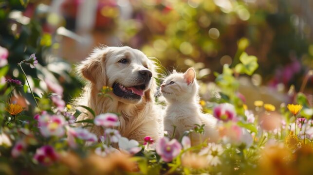 A golden retriever dog and a white kitten look at each other in a field of colorful flowers.