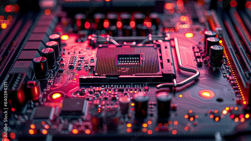 Poster a macro shot of a computer motherboard and cpu with a colorful mood all logos have been cloned out.i